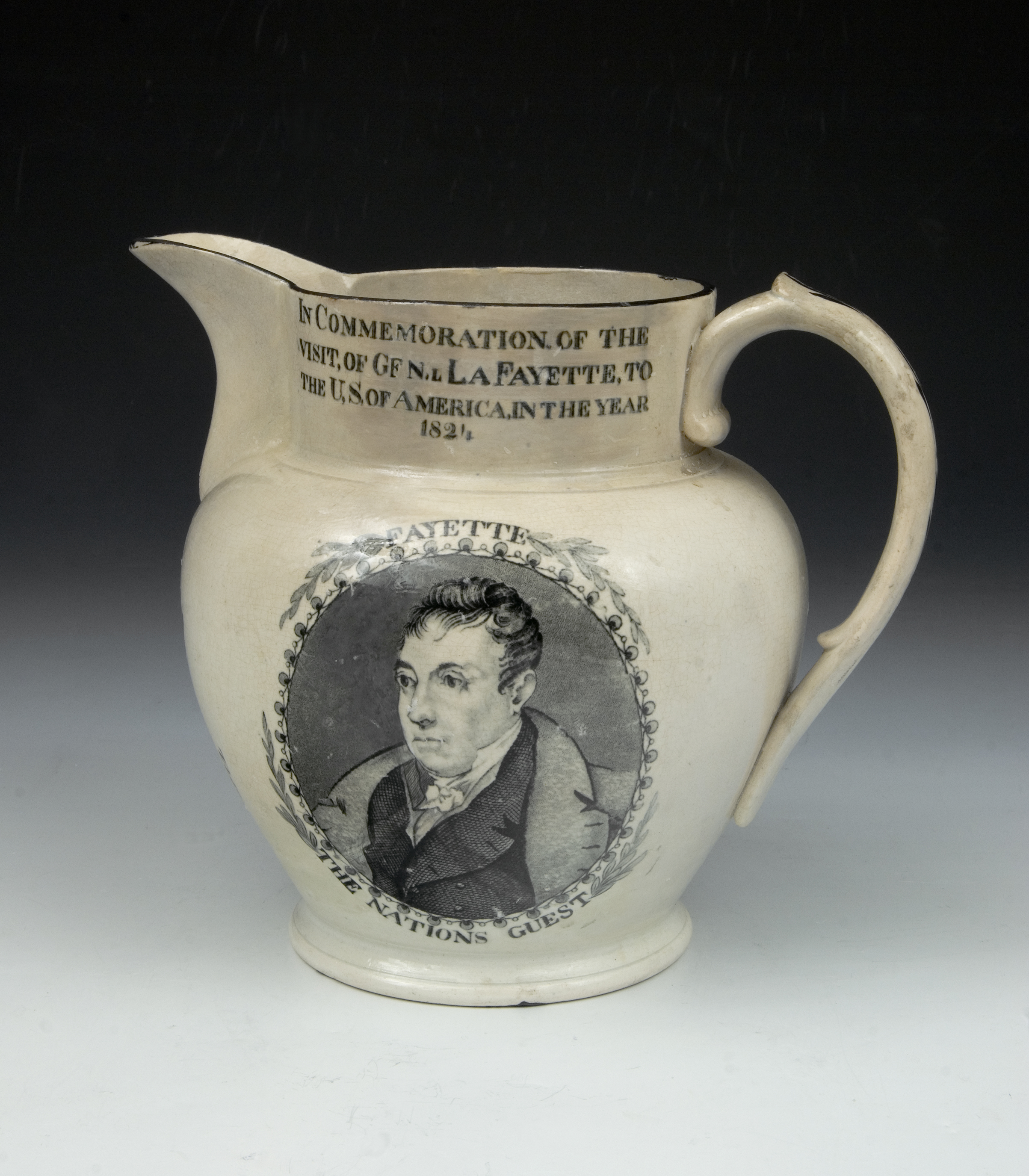 Jug commemorating the marquis de Lafayette's tour by Richard Hall & Son, Staffordshire, England