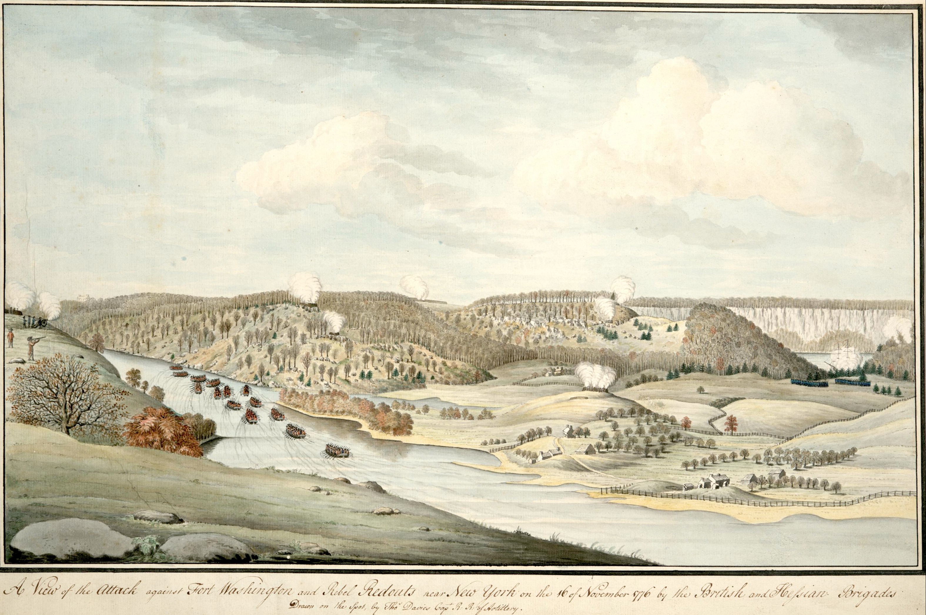 This watercolor of the attack on Fort Washington includes the site where Margaret Corbin was wounded while serving with the American artillery.