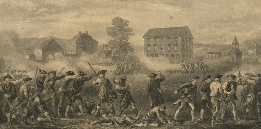 Untitled depiction of the Battle of Lexington, detail from the Lexington Battle Monument membership certificate by Asa Warren Coolidge, engraver, after Hammatt Billings, artist, 1861