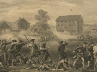Untitled depiction of the Battle of Lexington, detail from the Lexington Battle Monument membership certificate by Asa Warren Coolidge, engraver, after Hammatt Billings, artist, 1861