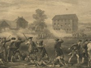 Untitled depiction of the Battle of Lexington, detail from the Lexington Battle Monument membership certificate by Asa Warren Coolidge, engraver, after Hammatt Billings, artist, 1861