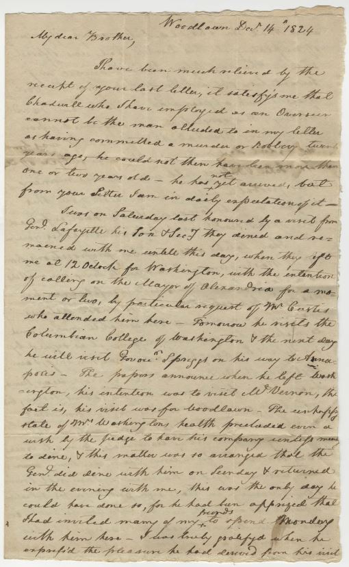 Lawrence Lewis to Captain Robert Lewis, December 14, 1824, page 1.