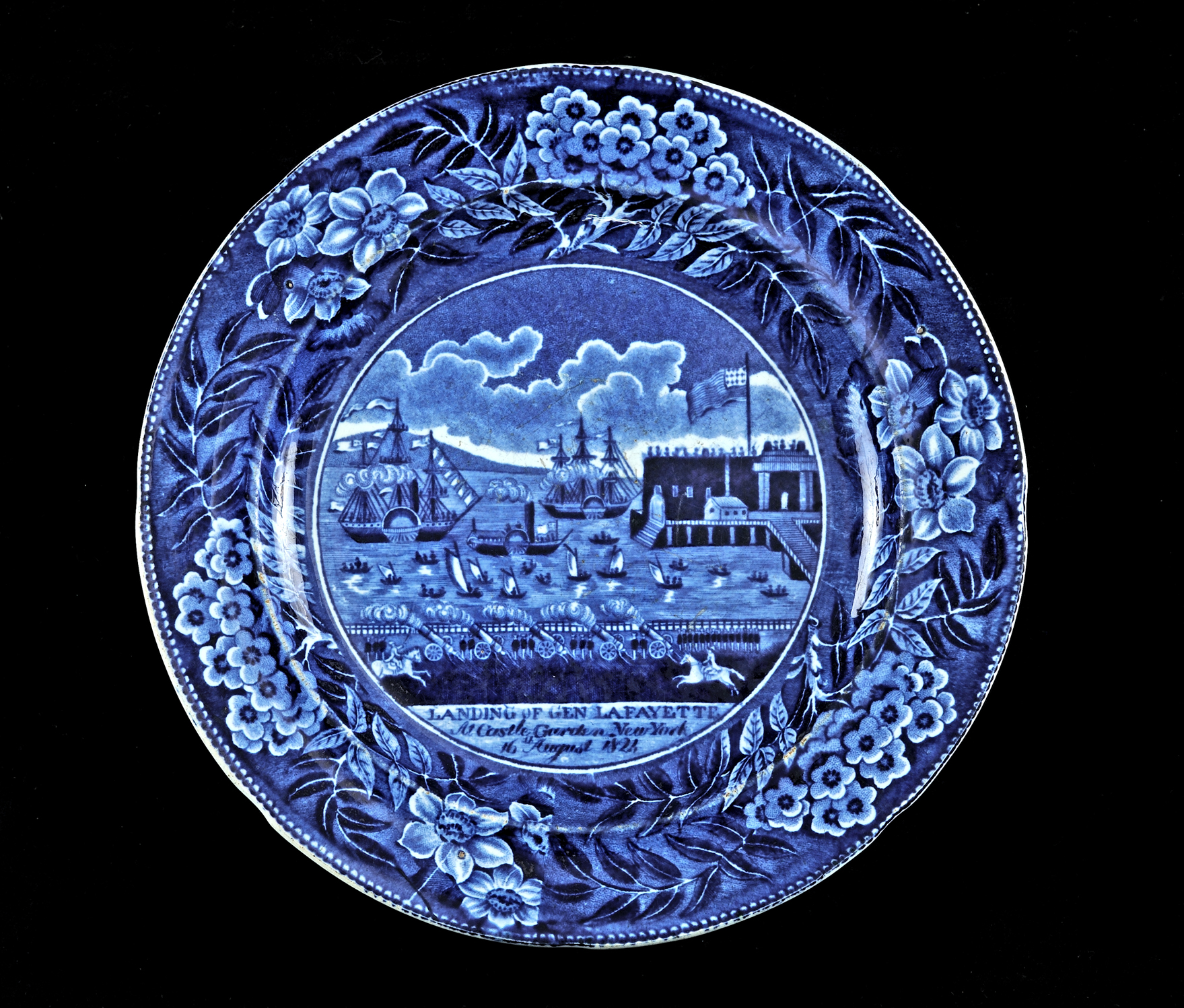 Plate commemorating the landing of General Lafayette at Castle Garden in New York, 16th August 1824 by Clews, Staffordshire, England, ca. 1824.