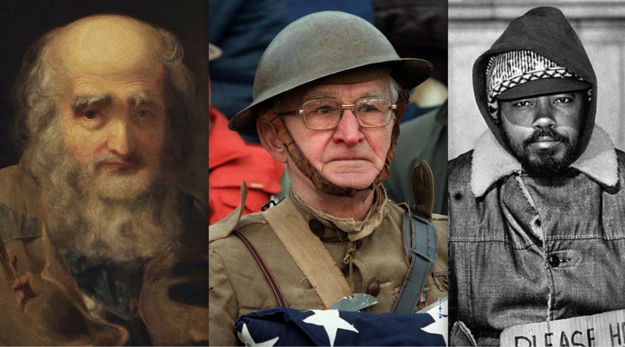 This image portrays veterans of the Revolutionary War, World War I, and the Vietnam War.