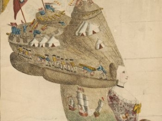 Click for a larger view. Bunkers Hill or America's Head Dress by Mary Darly, 1776