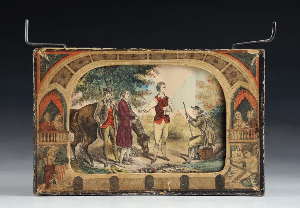 Historiscope toy by Milton Bradley with scene of three men and a horse in a landscape