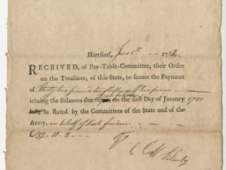 Click for a larger view. Partially printed D.S., Hartford, June 7th 1782: receipt of Pay-Table-Committee by Cuff Liberty, Dick Freedom, Committee of the Pay Table; Connecticut, 1782