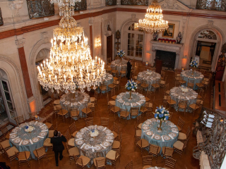 Blue and gold formalize the Ballroom. Photo by Beverly Rezneck.