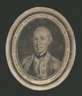 Oval black-and-white mezzotint print of the marquis de Lafayette in military uniform with text surrounding the portrait
