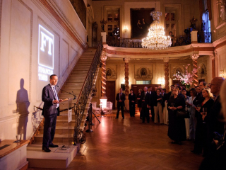 <h2>Speaker at reception in Ballroom</h2>Photo by Sam Hurd.