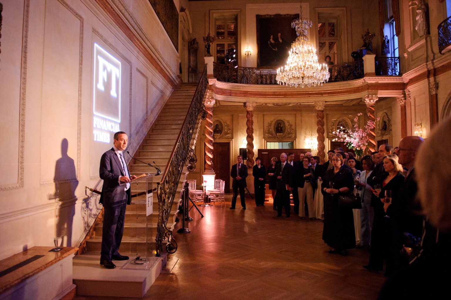 <h2>Speaker at reception in Ballroom</h2>Photo by Sam Hurd.