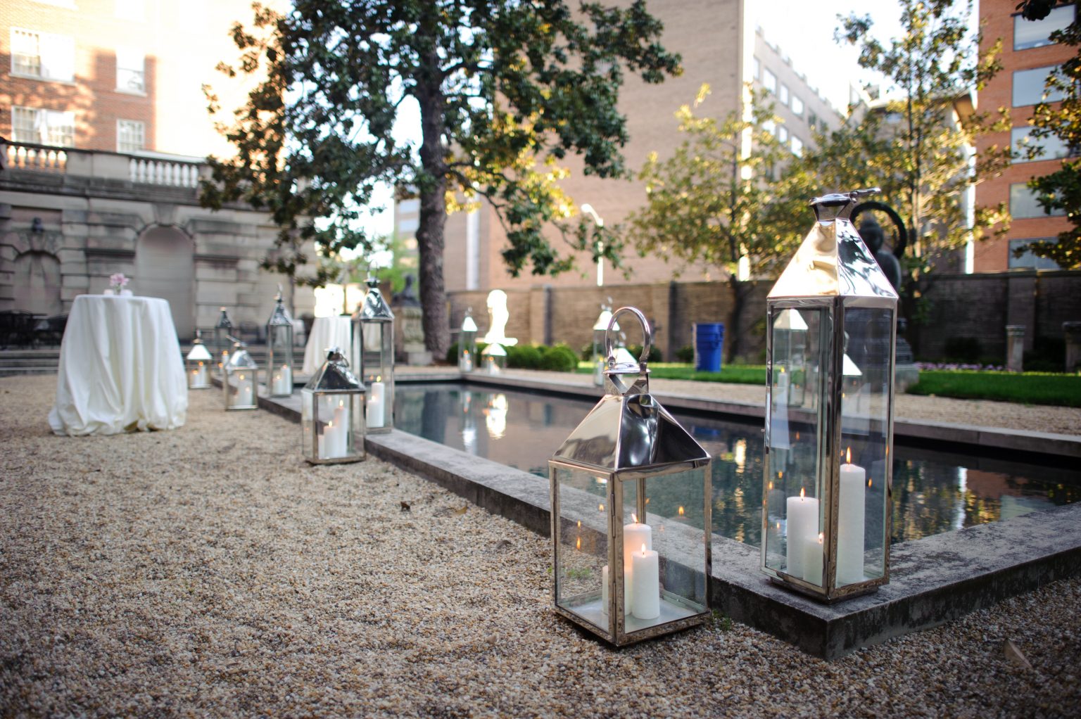 <h2>The reflecting pool set for cocktails</h2>Photo by Sam Hurd.