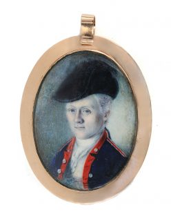 Oval watercolor portrait miniature of William Truman Stoddert wearing a military uniform, in a gold case