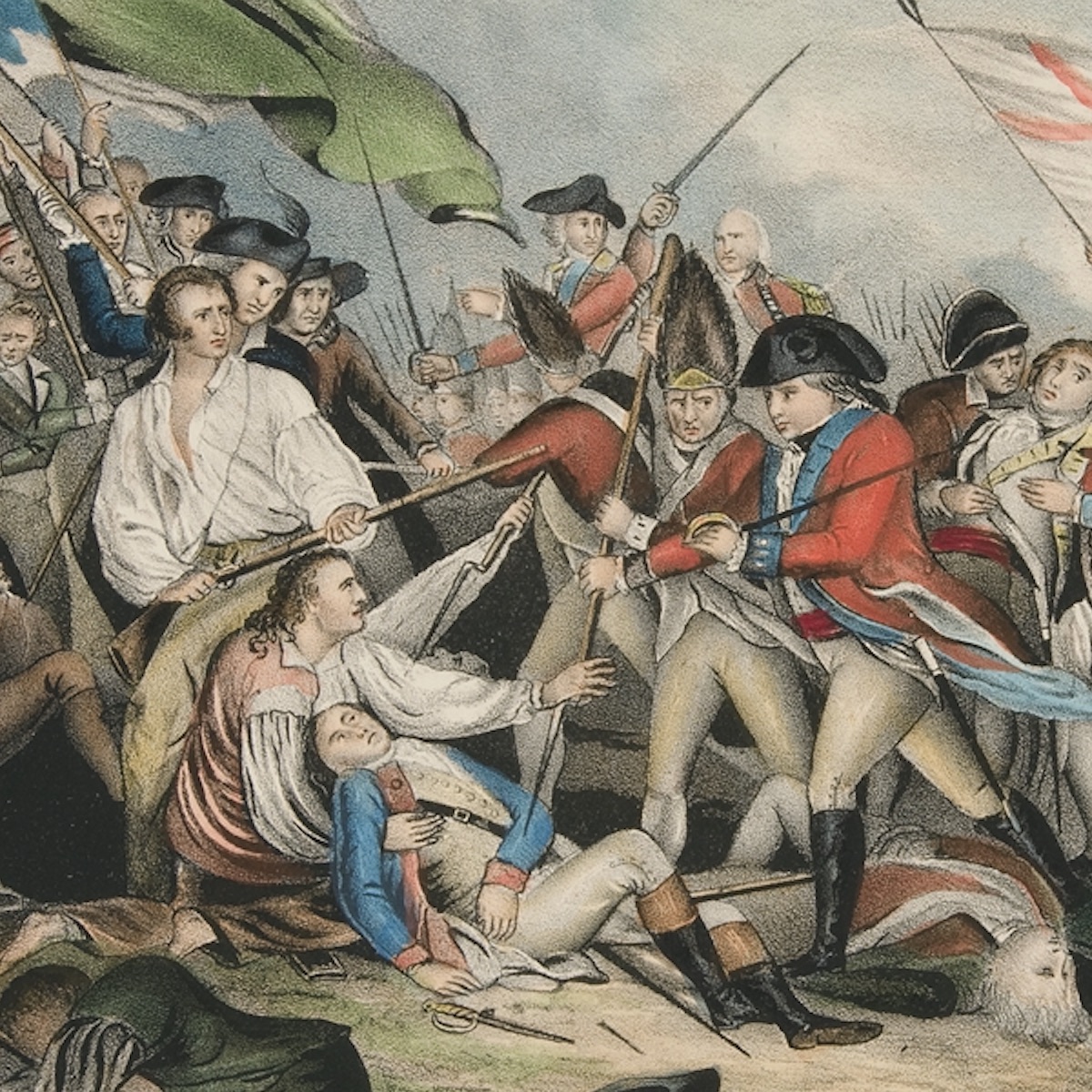 This detail of a mid-nineteenth-century lithograph of the Battle of Bunker Hill, after John Trumbull's painting, gives students an opportunity to interpret views of the battle.