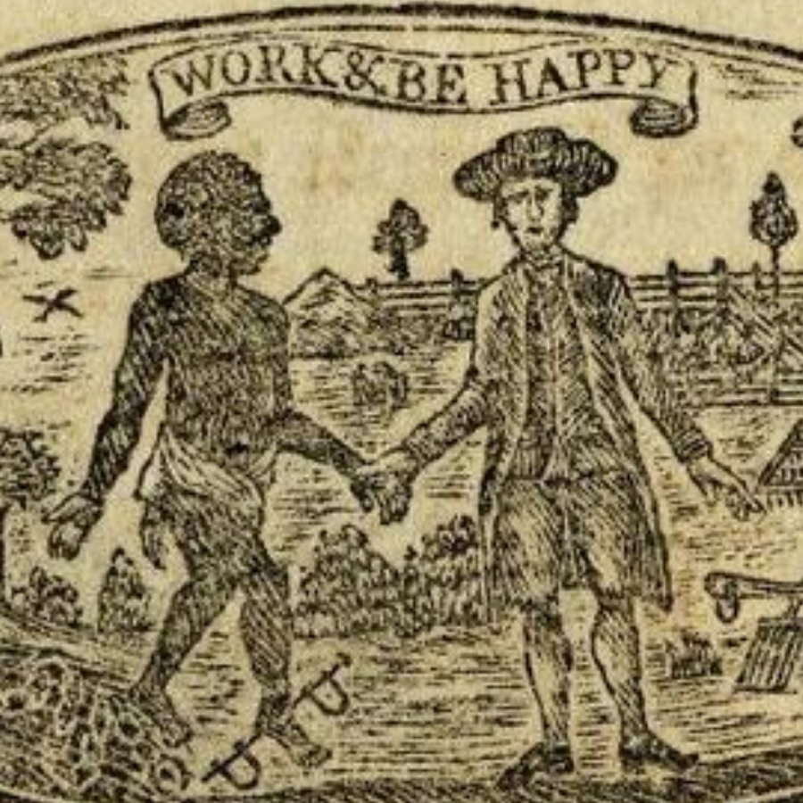 This woodcut emblem of the Pennsylvania Abolition Society depicts an African-American freed from slavery by a well-dressed white man, with the motto "Work & be Happy."