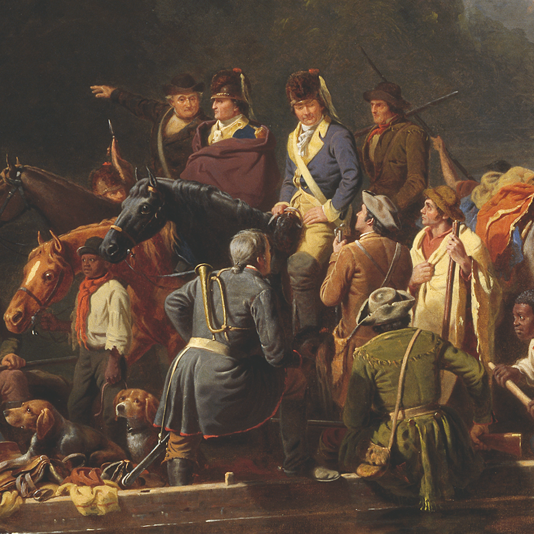 Francis Marion is wrapped in a cloak while crossing a South Carolina river in this nineteenth-century painting.