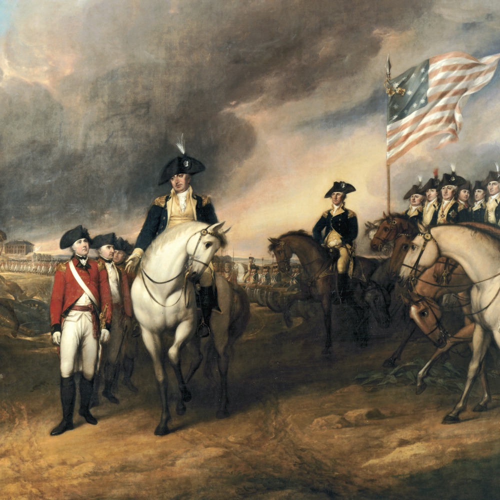 British General Charles O'Hara surrenders the British army to American General Benjamin Lincoln in John trumbull's depiction of the victory at Yorktown.