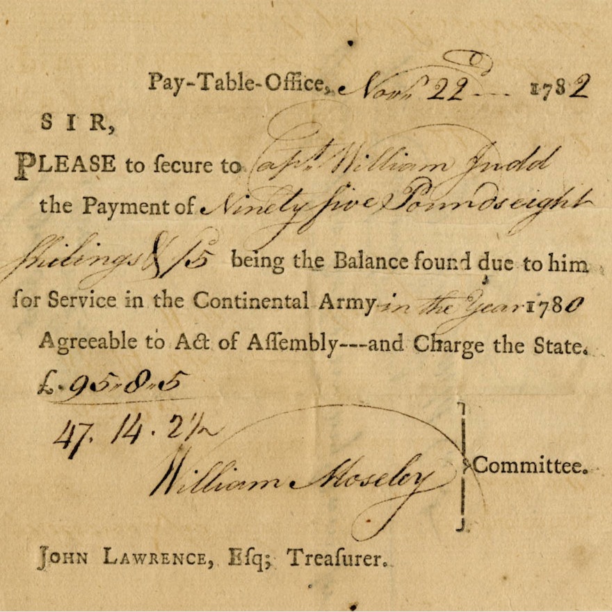 The service of William Judd, author of a Revolutionary War diary, is documented in this receipt.