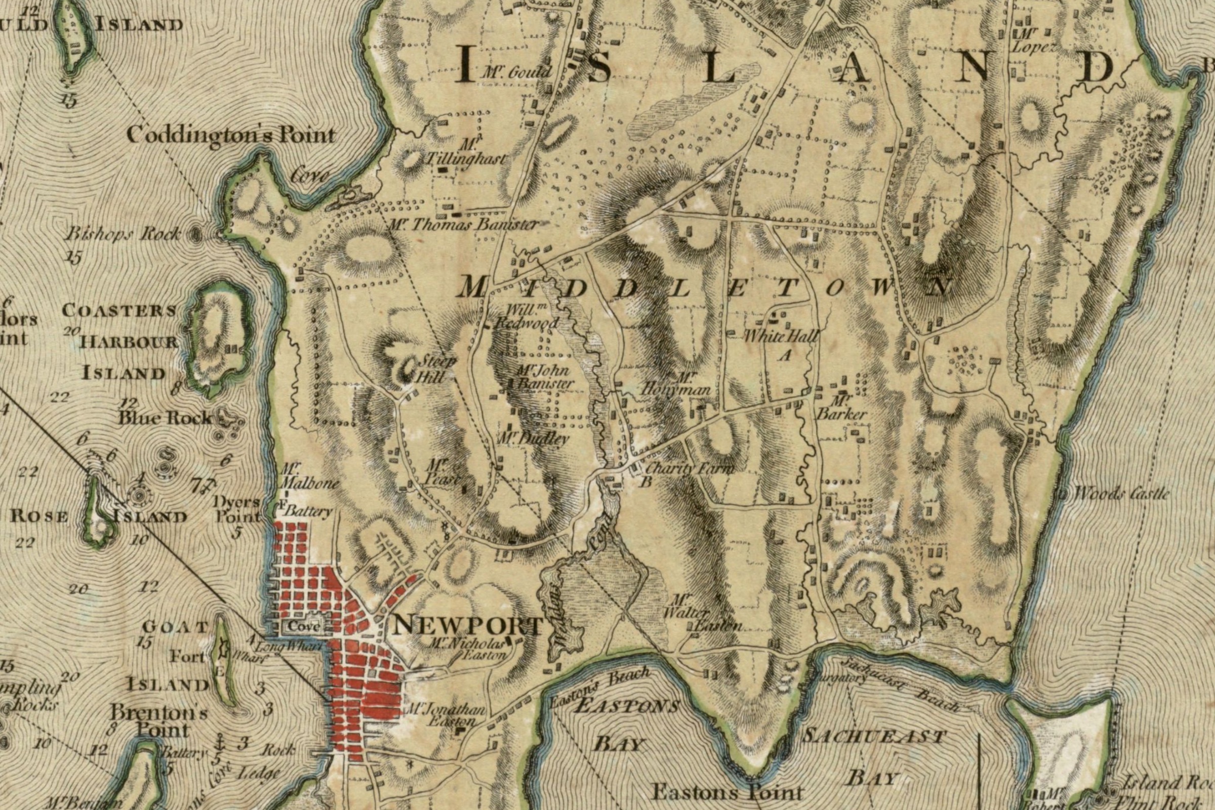 This map of Narragansett Bay is one of the great Revolutionary War maps.