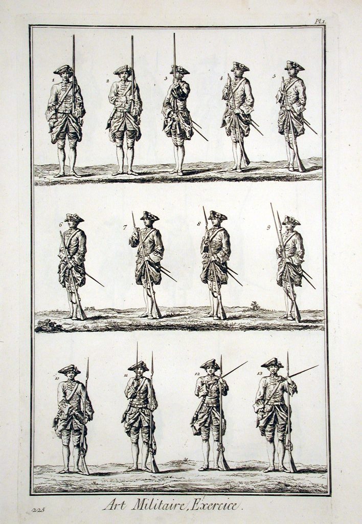 Engraved plate of three rows of soldiers carrying muskets from Diderot's Encyclopedie