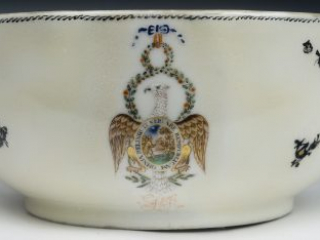 Click for a larger view. Detail of Eagle obverse on Society of the Cincinnati porcelain sugar bowl