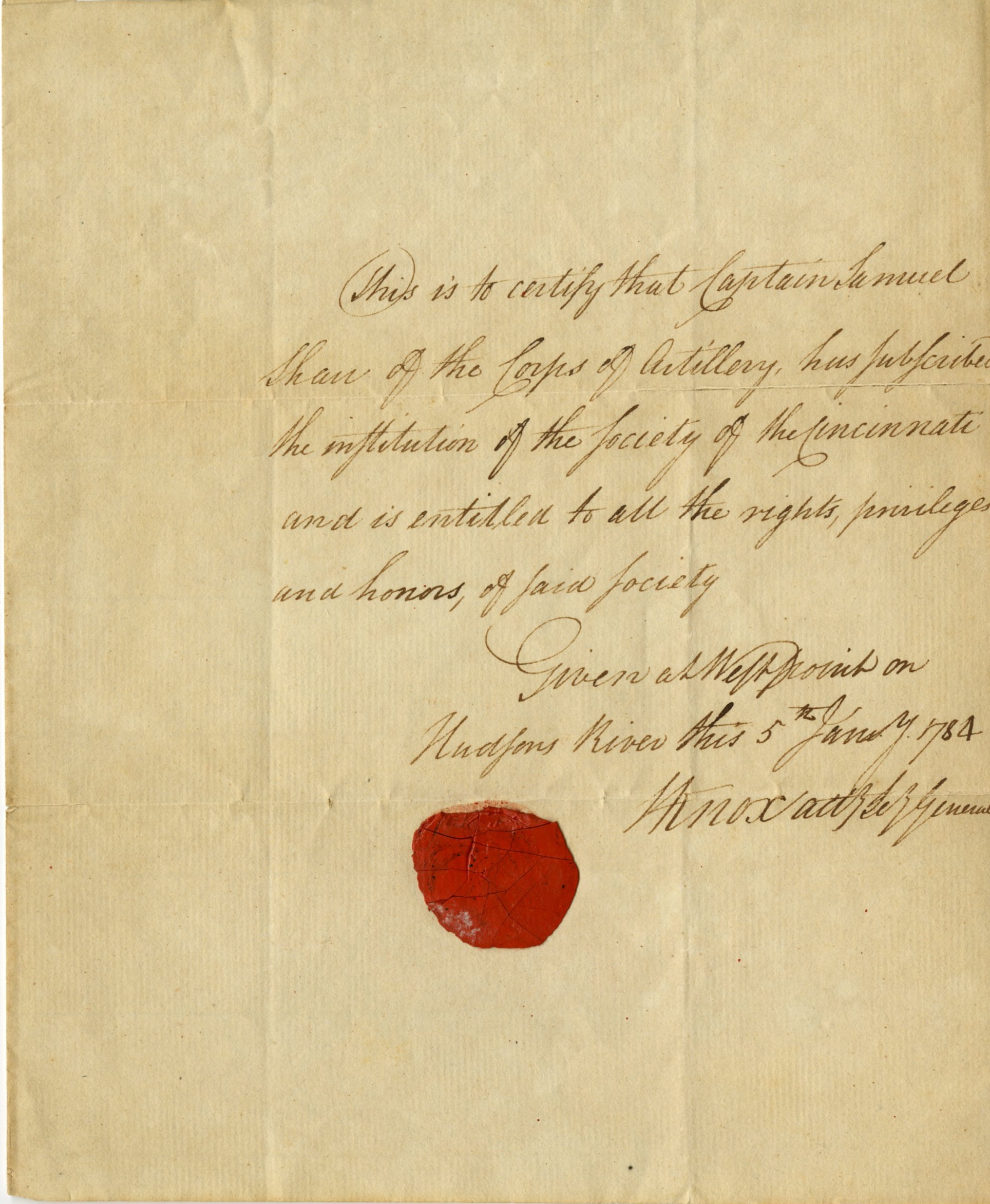 Samuel Shaw's Society of the Cincinnati membership certificate