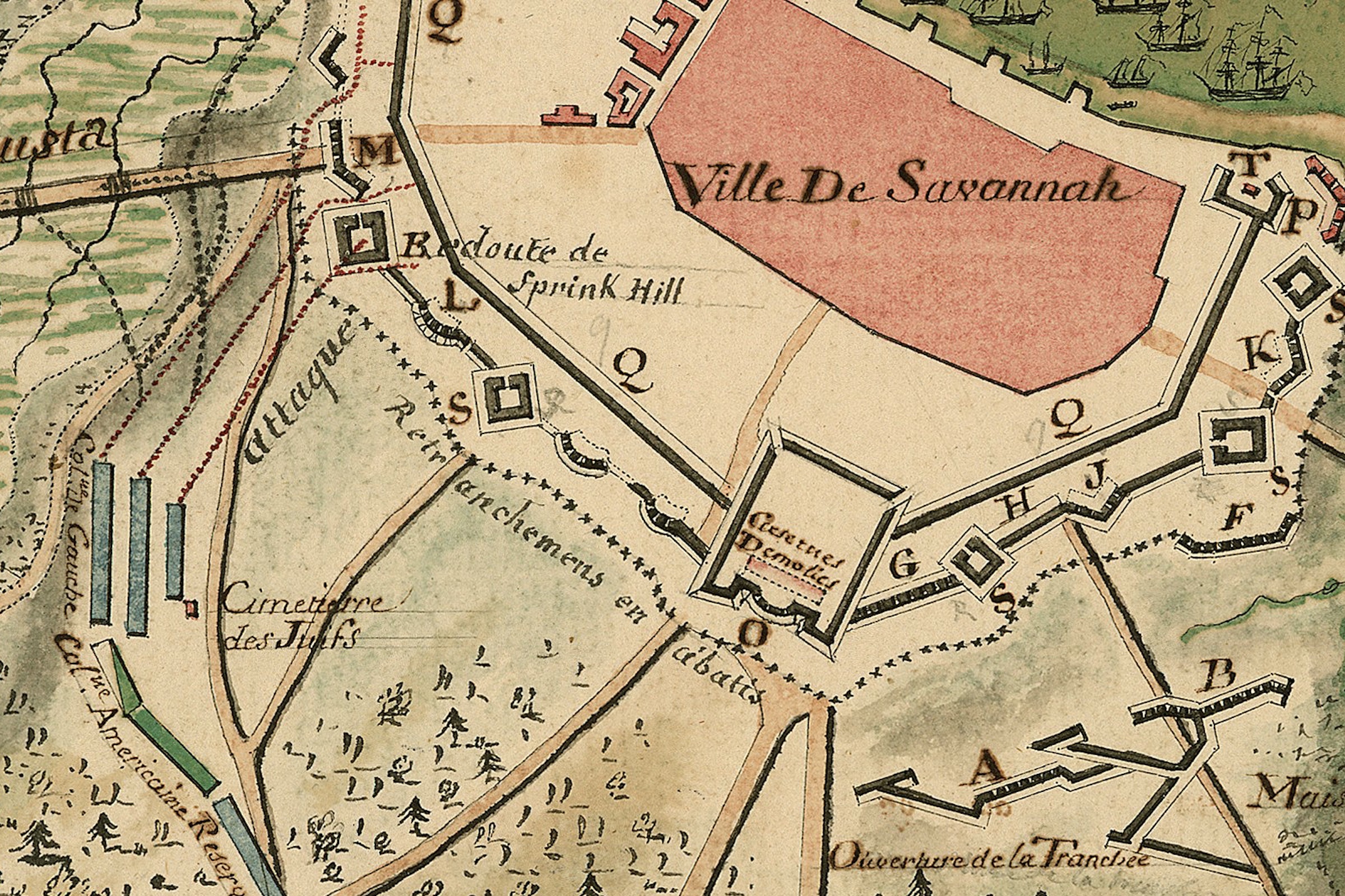 This French manuscript plan of the Siege of Savannah is one of the great maps of the Revolutionary War.