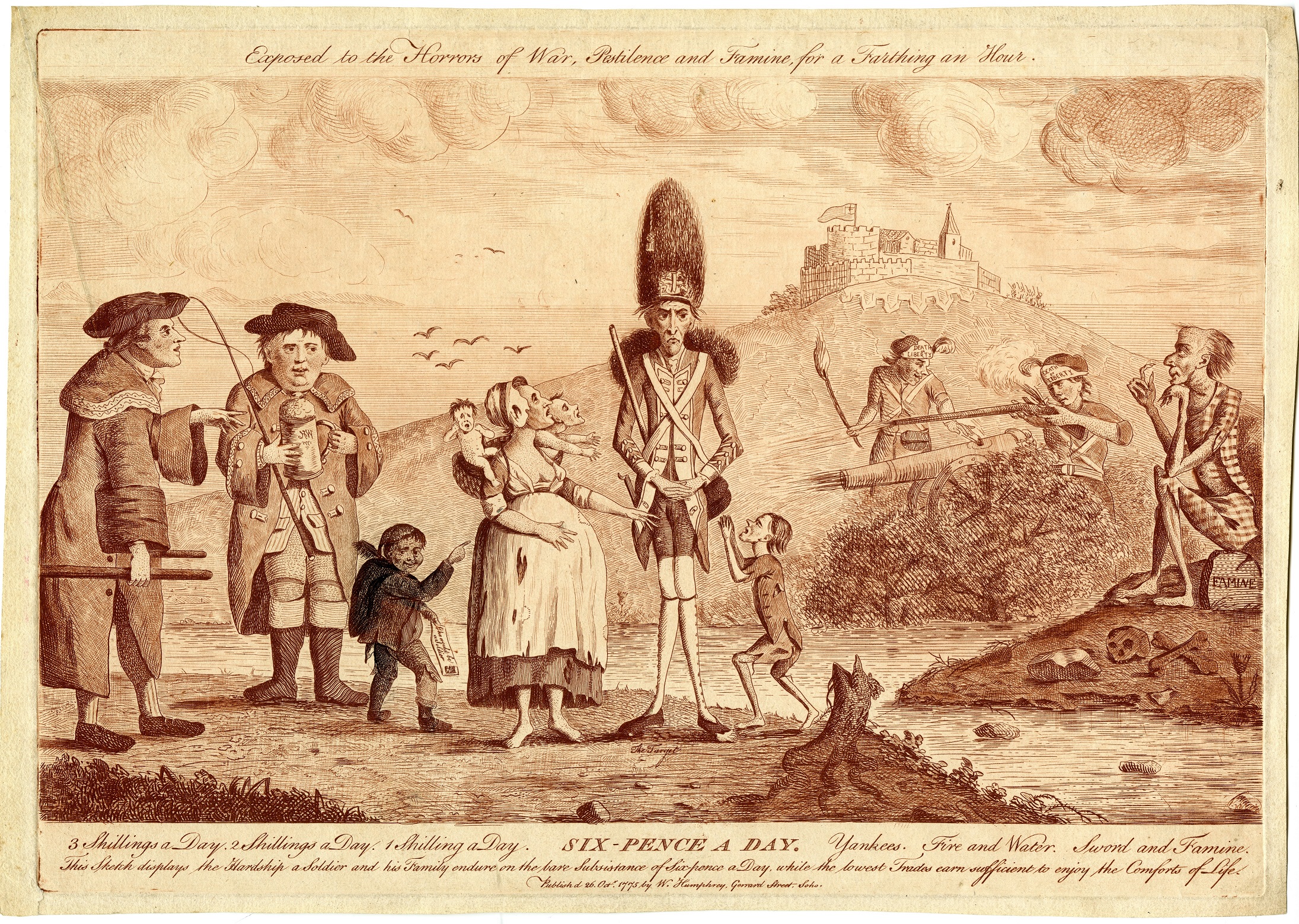 The satirical engraving depicting the plight of British soldiers is one of ten great Revolutionary War prints.