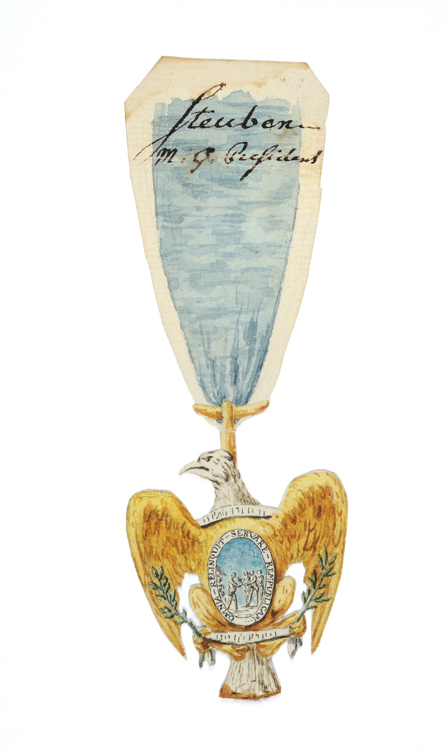 Full color watercolor drawing of the eagle-shaped medal of the Society of the Cincinnati on a light blue-and-white vertical ribbon, 1783