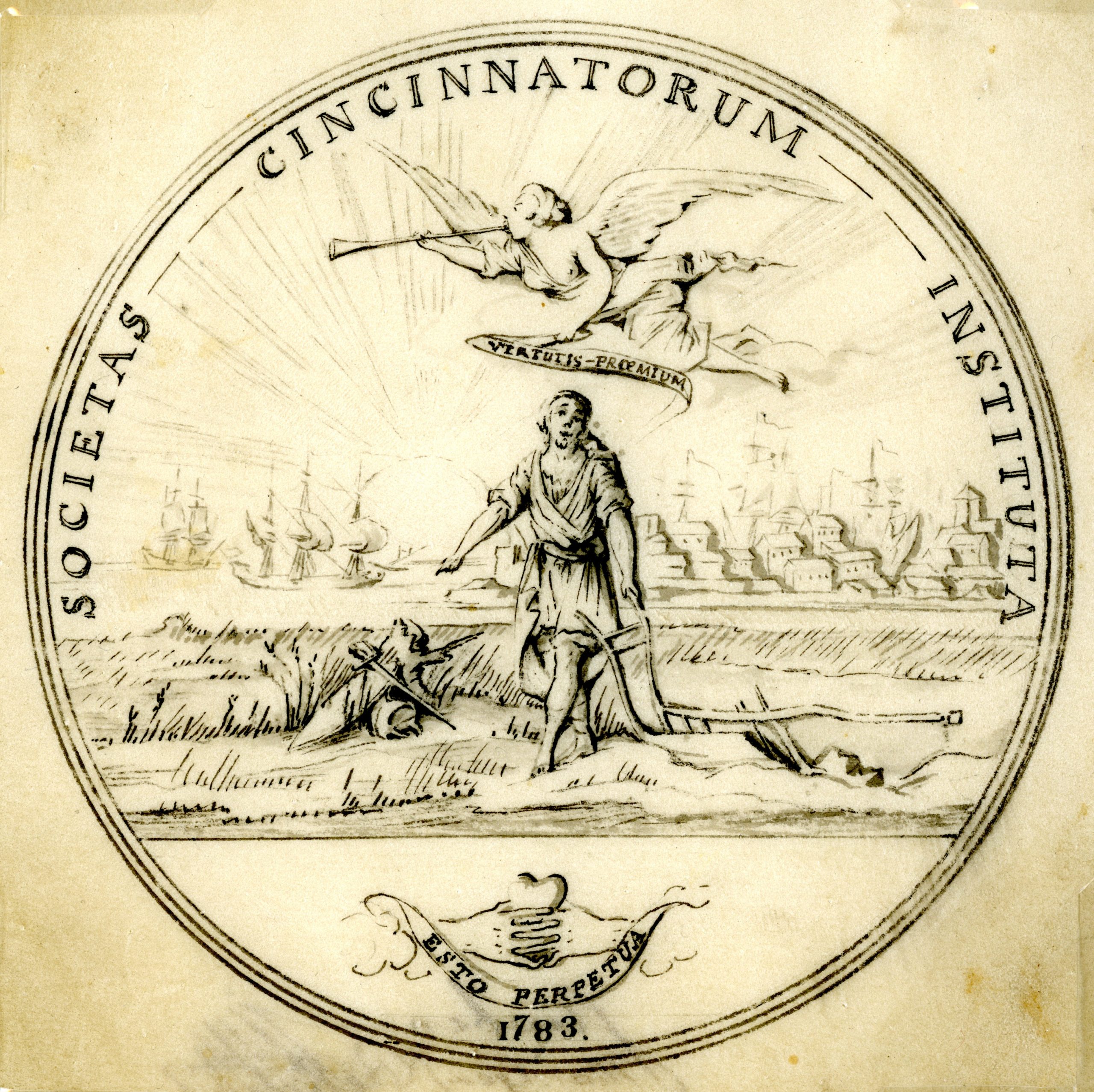 Society of the Cincinnati medal drawing by L'Enfant 1783, reverse Archives Box 7 Folder 5B