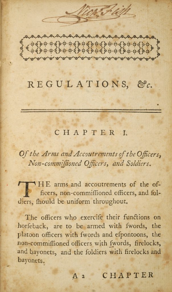 The first page of Baron von Steuben's Regulations for the Order and Discipline of the Troops signed by Nicholas Fish