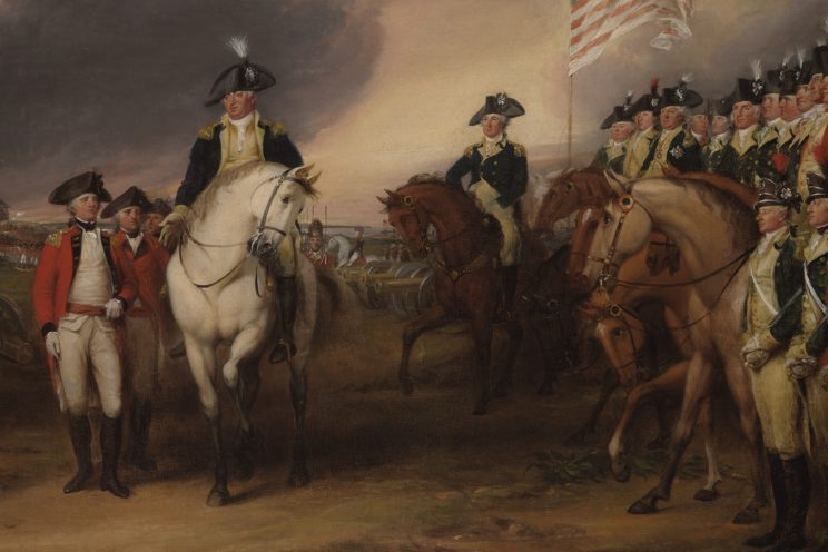 Benjamin Lincoln, the subject of the News feature, receives the sword of defeated British General Cornwallis in this painting by John Trumbull.
