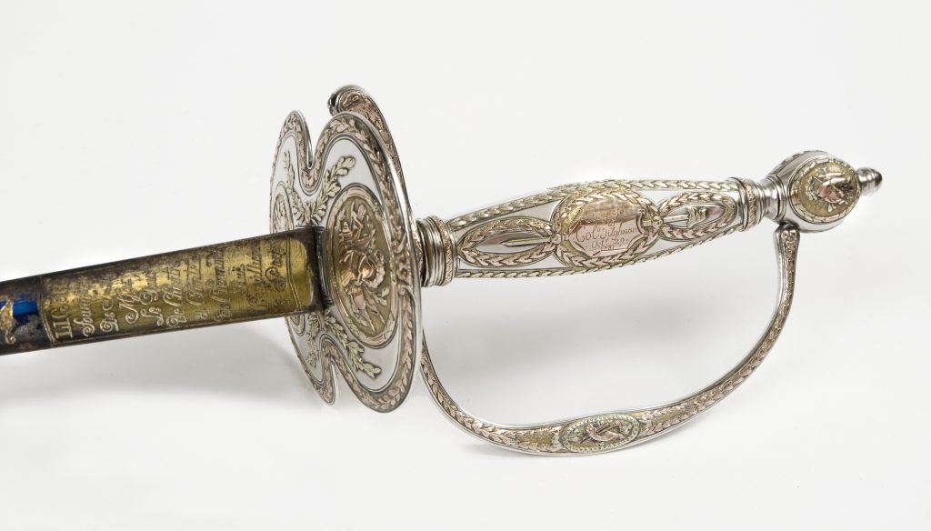 Silver and gold hilt of one of the presentations swords awarded by Congress during the Revolutionary War