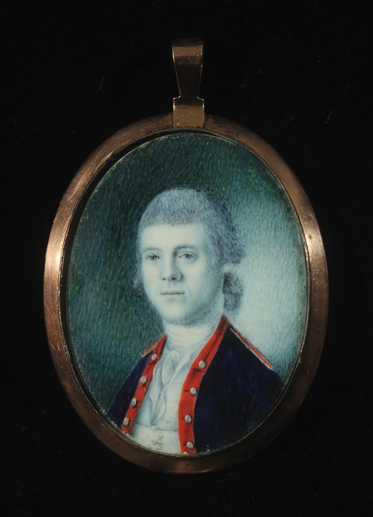 Oval watercolor portrait miniature of William Henry Bruce in military uniform