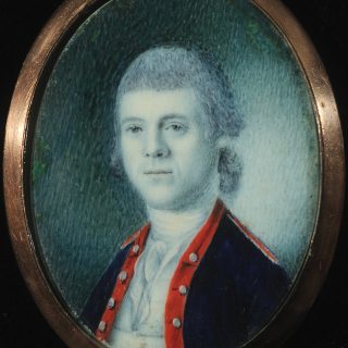 Watercolor portrait of William Henry Bruce in Revolutionary War military uniform, one of our masterpieces in detail