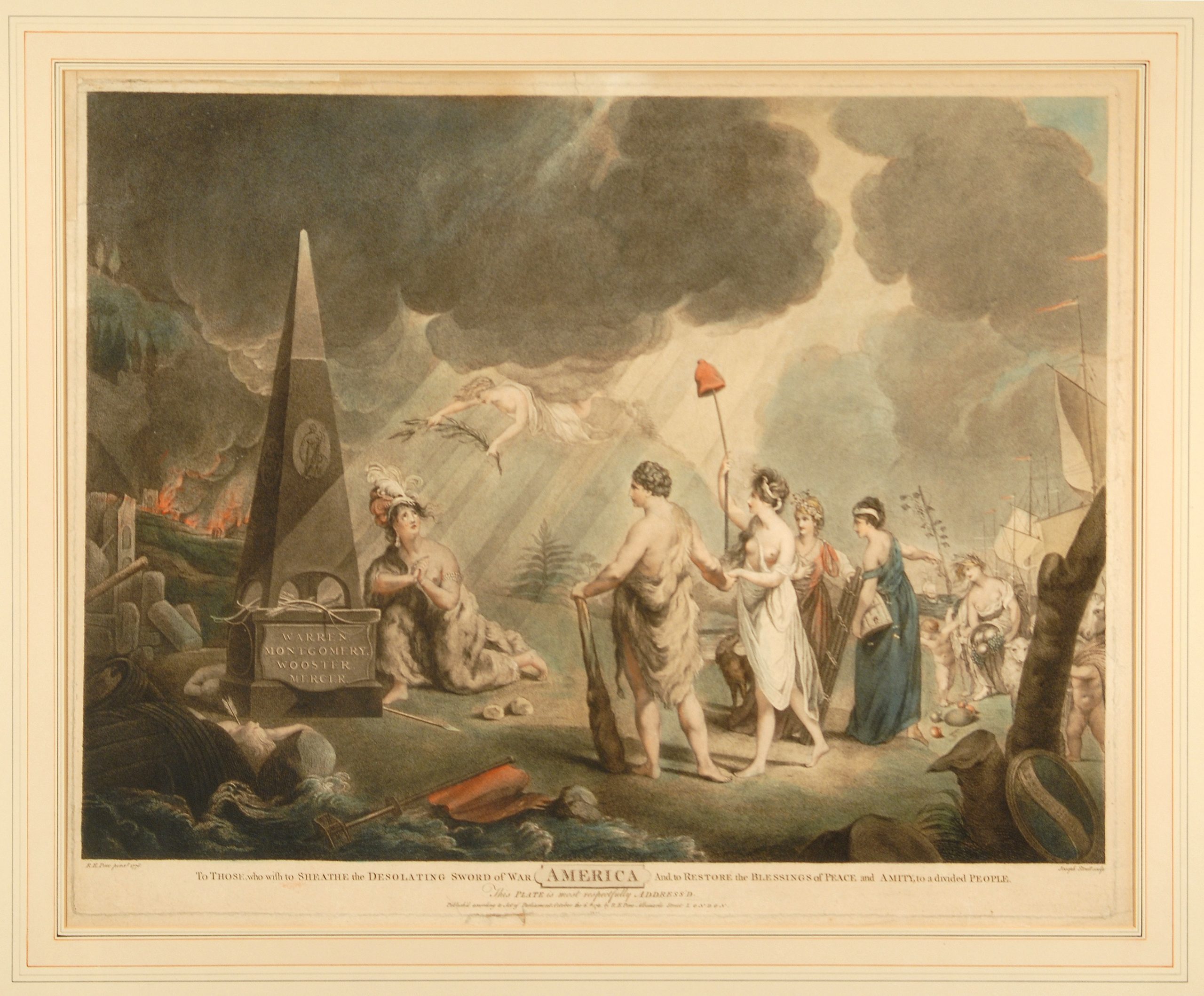 This allegorical print is one of ten great Revolutionary War prints.