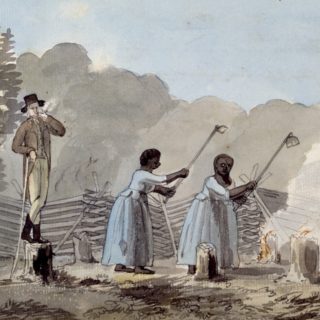 This watercolor of an overseer watching to enslaved women work symbolizes the difficult relationship between race and the achievements of the American Revolution.