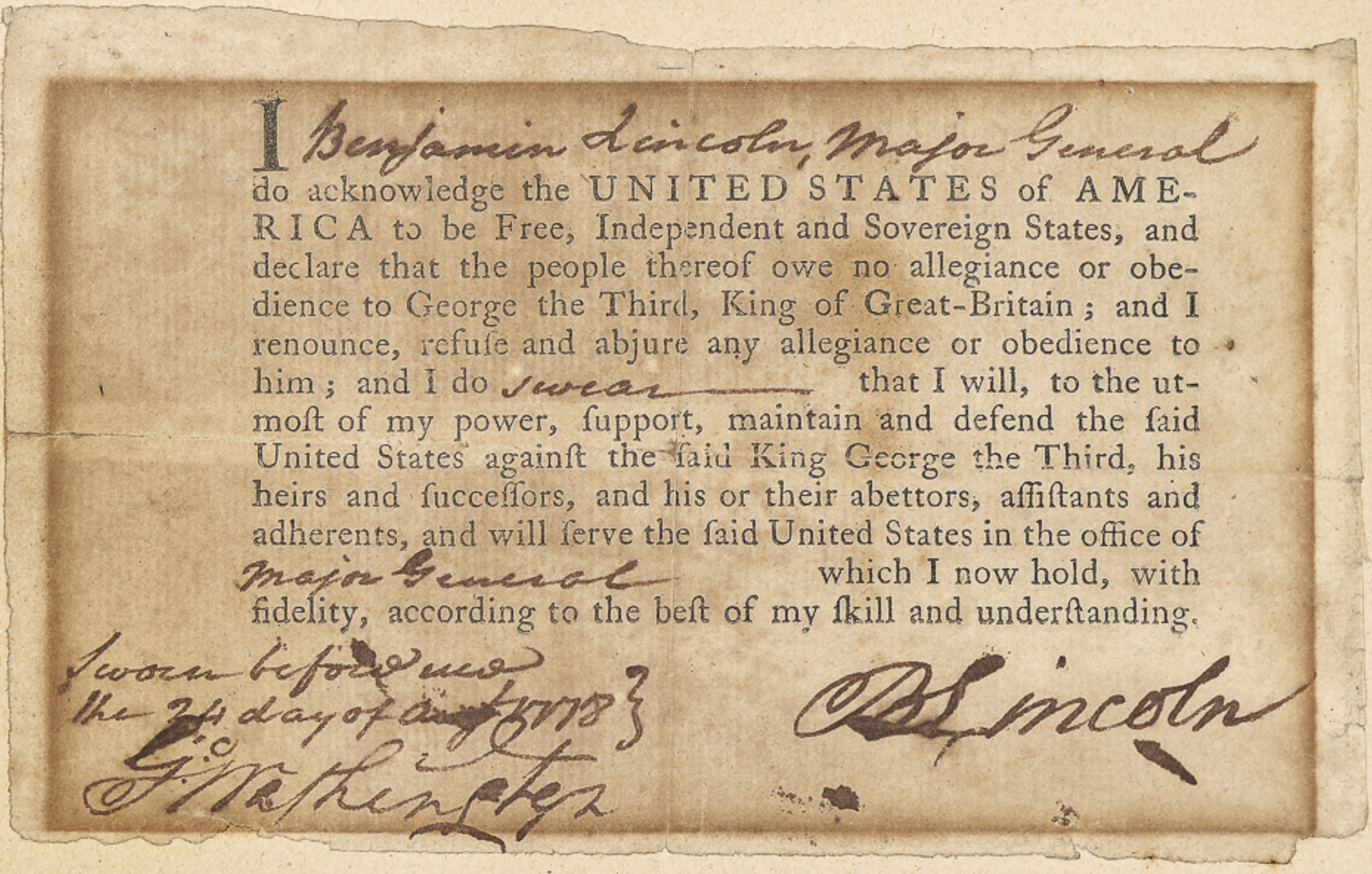 Benjamin Lincoln's Oath of Allegiance testified to his loyalty to the American cause.