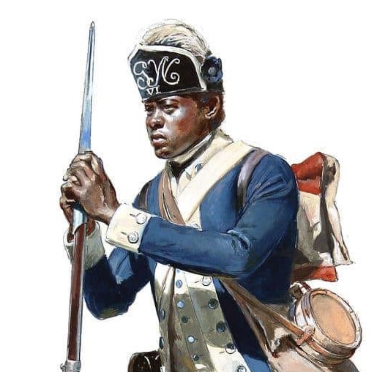 This scholarly modern depiction of a soldier of the Sixth Connecticut symbolizes the contribution of black soldiers to the achievements of the American Revolution.