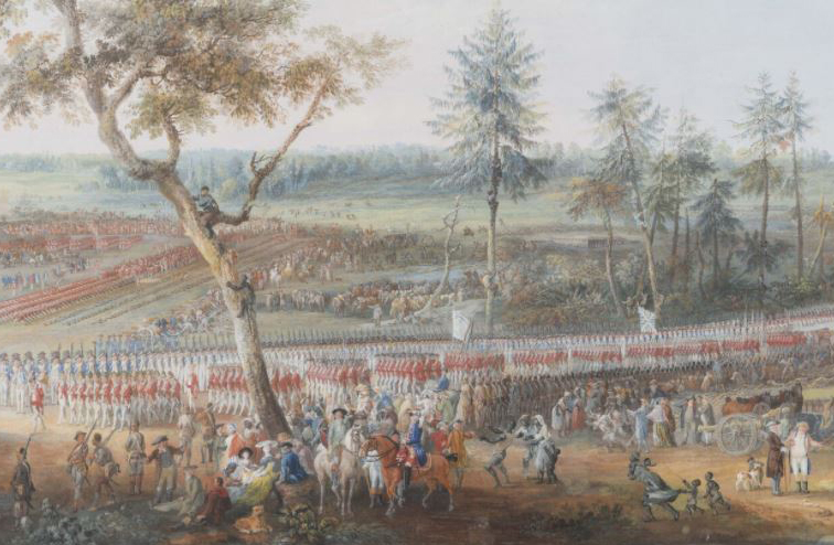 Painting of columns of British troops marching to the surrender field at Yorktown