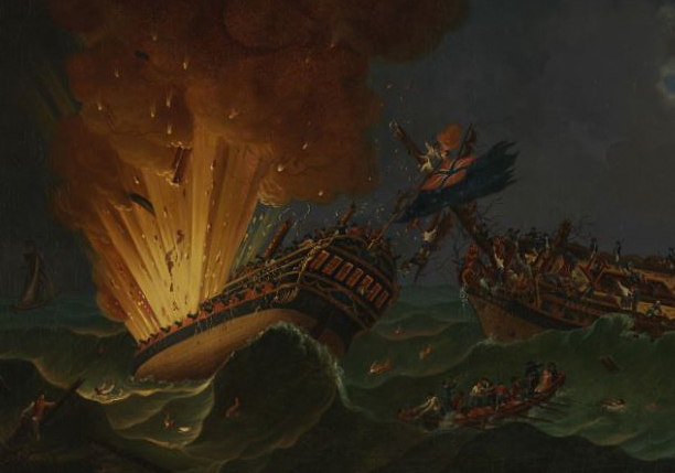 Revolutionary War painting of two ships in battle in rough seas, one exploding