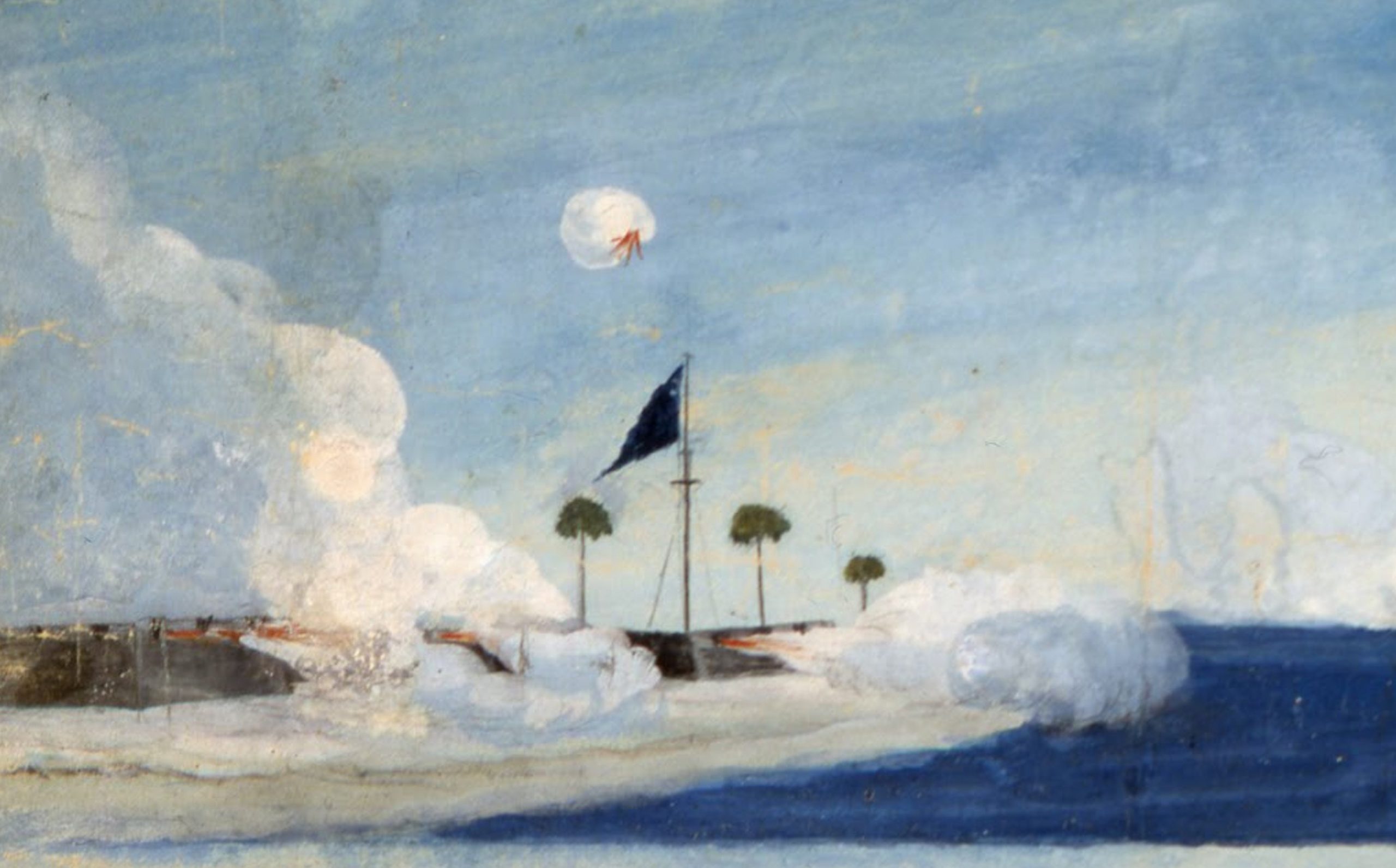 Painted scene of a fort on a coastline firing its cannons, with a flag flying and palm trees