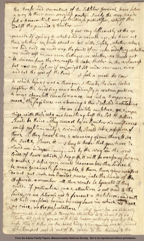 Women's rights is the central theme of this letter from Abigail to John Adams.