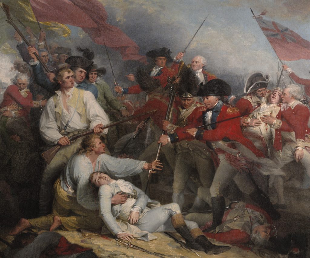 Colorful painting of a battle scene of the Revolutionary War with the death of Joseph Warren at the center