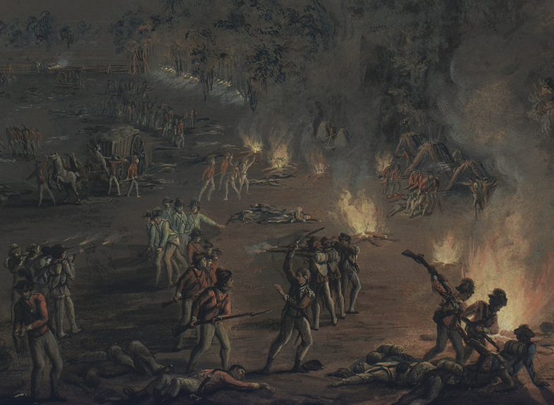 Painting of a nighttime attack on soldiers encamped in a field