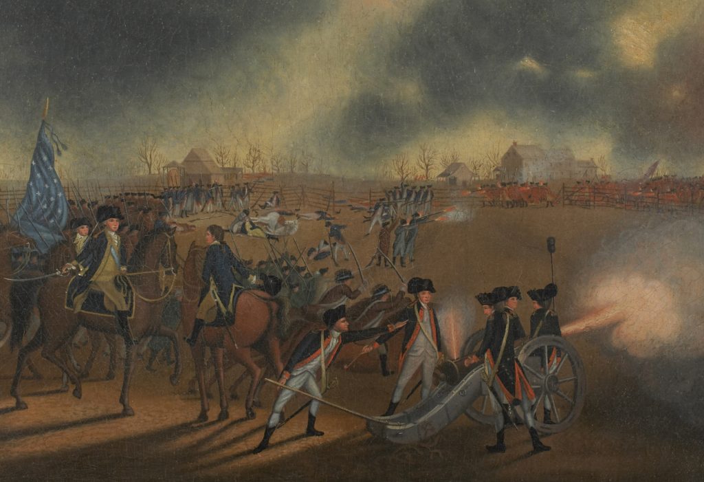 Painting of an artillery crew firing at the enemy in the distance and officers on horseback rallying troops to advance, in an open landscape with several buildings