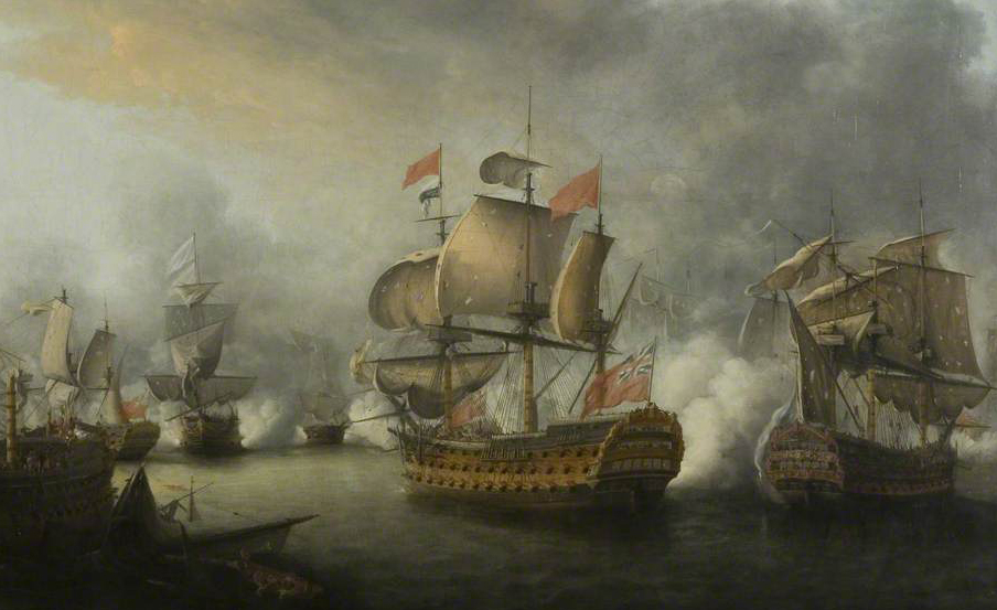 Revolutionary War painting of two ships engaging among a larger naval battle of the Saintes