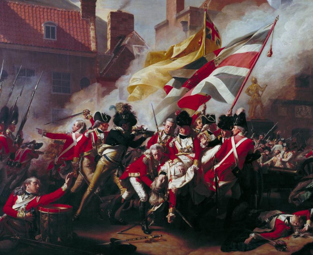 Painting of a Revolutionary War battle in an urban square, with Redcoats surrounding a fallen British officer and colorful flags and smoke overhead