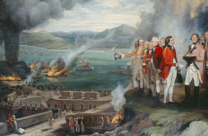 Painting of burning ships in a failed attack on Gibraltar during the Revolutionary War, with victorious British officers looking on