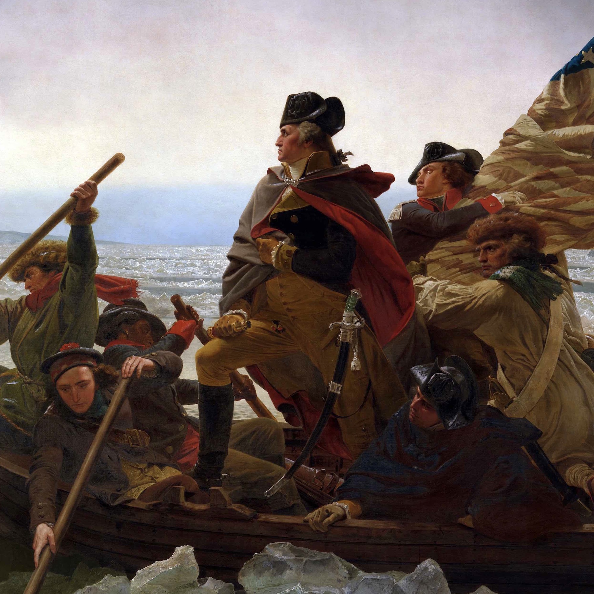 This detail from Washington Crossing the Delaware represents ten great American Revolution paintings among the treasures of the American Revolution.